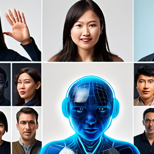 Home 14 **
Prompt: "Multimodal AI as a universal translator. People from different countries communicate seamlessly using voice, gestures, and facial expressions. Futuristic, global collaboration setting."
**