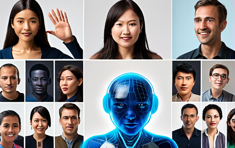 **
Prompt: "Multimodal AI as a universal translator. People from different countries communicate seamlessly using voice, gestures, and facial expressions. Futuristic, global collaboration setting."
**