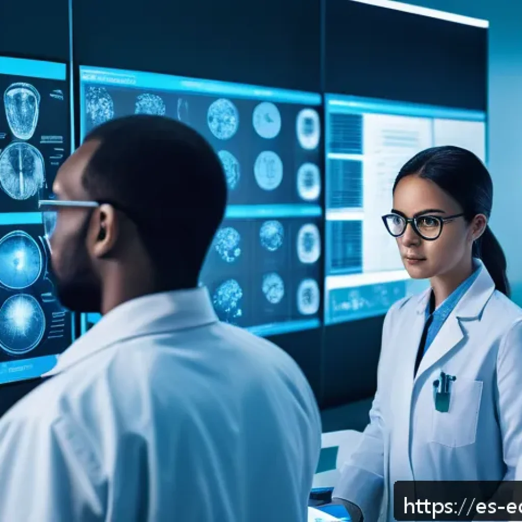 멀티모달 학습의 효과적인 방법 - A futuristic medical laboratory scene showcasing multimodal AI technology in action: a diverse group...